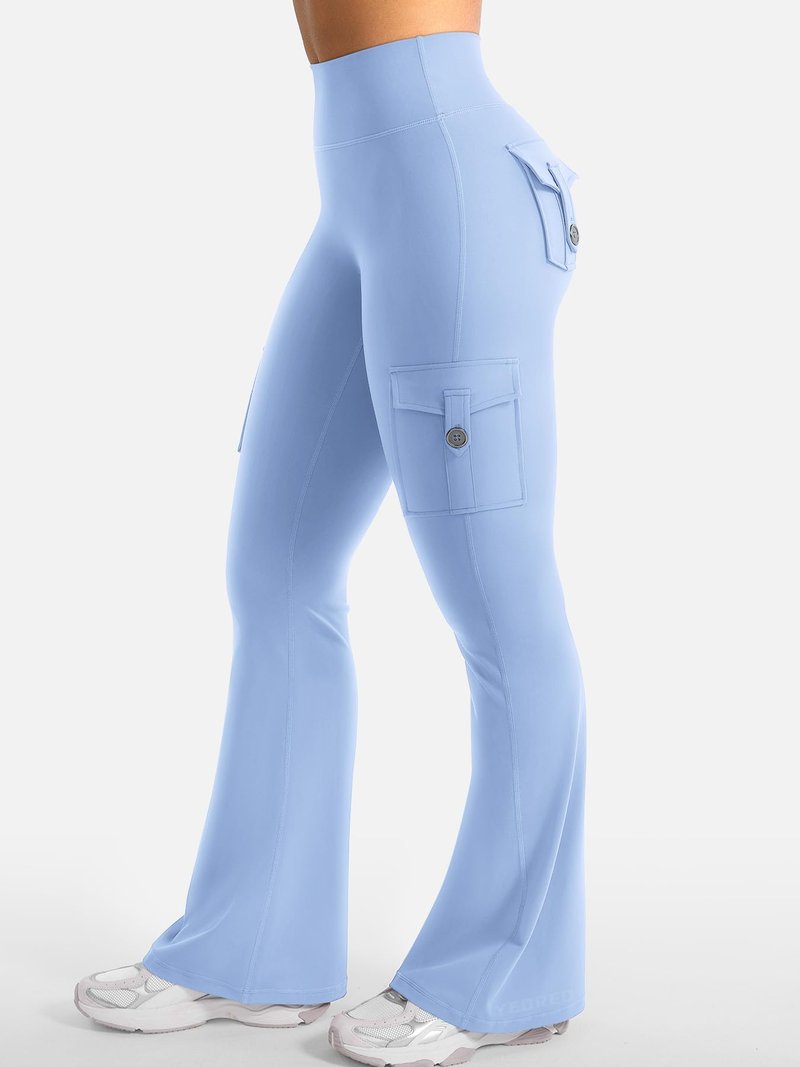 YEOREO CoreFlex Women Workout Flare Leggings with Pockets Hidden Scrunch High Waisted Cargo Gym Yoga Leggings Light Blue S