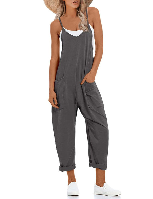 Lentta Women's Causal Jumpsuits V Neck Sleeveless Harem Overalls Stretchy Adjustable Strap Romper with Pockets(DarkGrey-L)