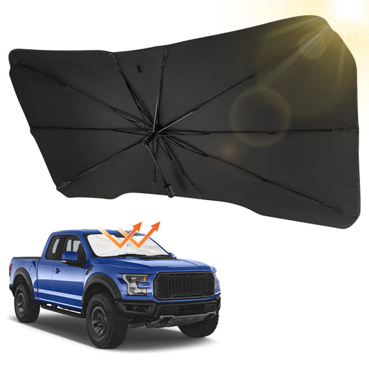 JOYTUTUS Windshield Sun Shade Umbrella, Fit for Ford 2015-2024 F150 F250 F350, with 360° Rotation Bendable Shaft, Titanium Silver Coating for UV Ray Block, Car Front Window Sun Shade Keep the Car Cool