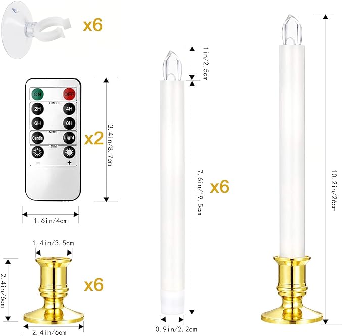 YAUNGEL Window Candles, 6 Pack LED Christmas Candles for Windows with Timer Electric Candle Lights Gold Base