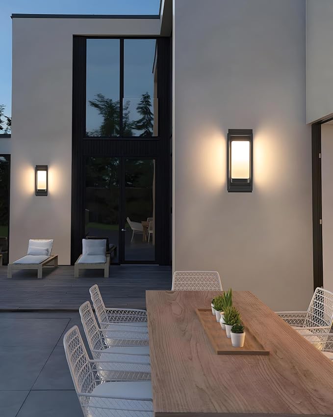 RAYVO Modern Outdoor Wall Light with Dusk to Dawn Sensor, Waterproof Exterior Lighting Fixtures with E26 Base, 3000K LED Bulb Included, Black Outdoor Sconce Lights for Porch Garage Entryway, 2 Pack