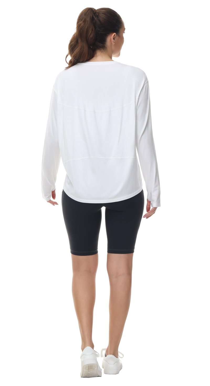 THE GYM PEOPLE Women's Long Sleeve Workout Shirts Back Loose Fit Running Tee Tops with Thumb Hole White