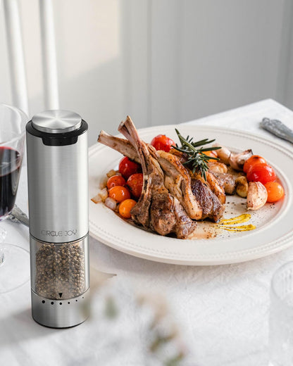 CIRCLE JOY Rechargeable Electric Salt and Pepper Grinder Set with Base, Stainless Steel Pepper Mills with Washable 95ml Container, White LED Light and External Adjustable Coarseness, Silver