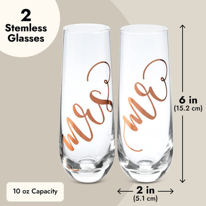 Juvale Mr & Mrs Champagne Flutes Set of 2-10 oz, 6 in, Clear Stemless Glass - Bridal Shower & Wedding Registry Gifts - Engagement Gift & Bride & Groom Glasses