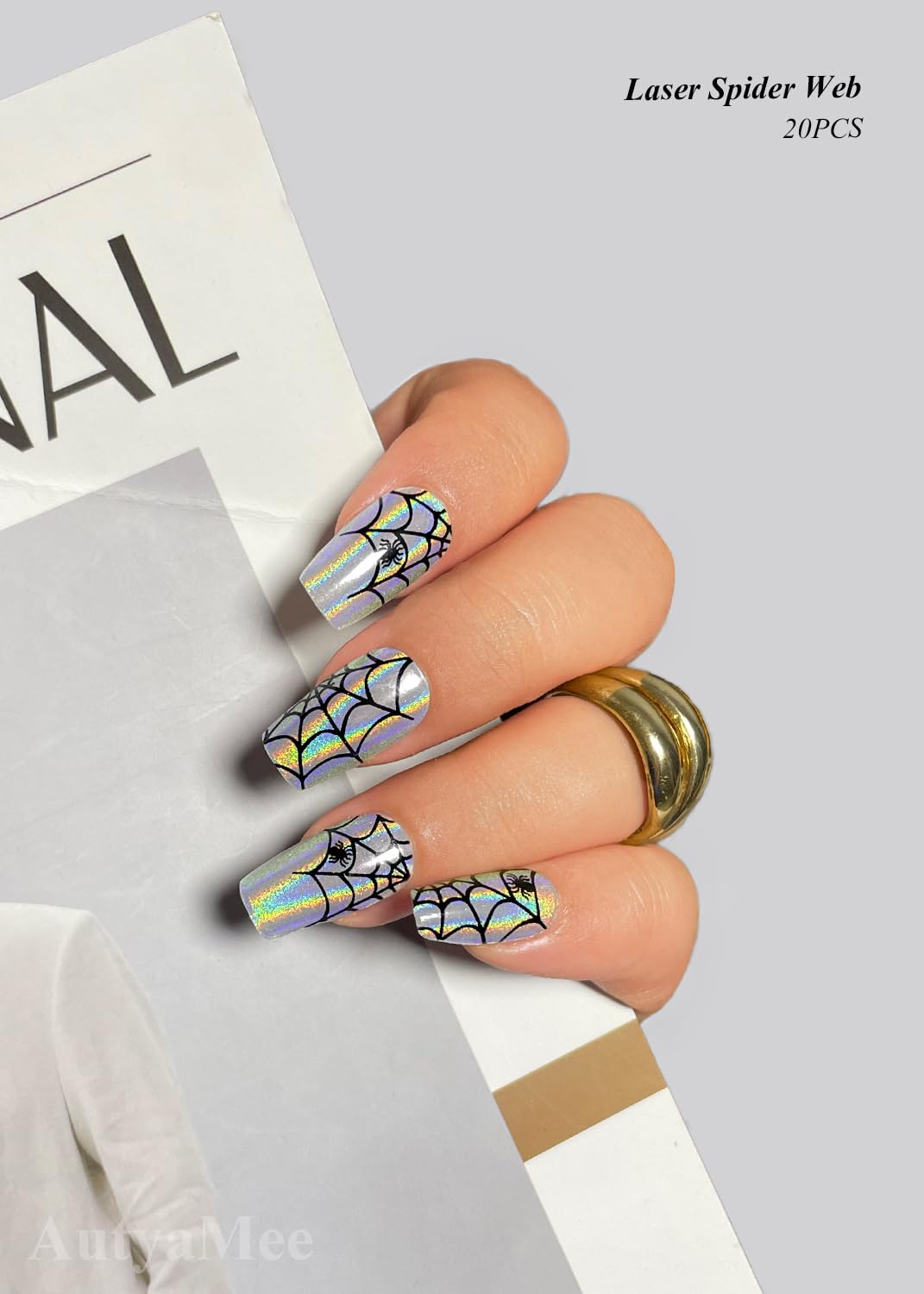 AutyaMee Semi Cured Gel Nail Strips (Laser Spider Web), Halloween, 20 Pcs Gel Nail Wraps, Stickers, UV Light Required, Salon Quality, Long Lasting
