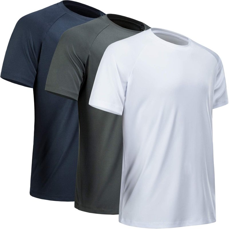 MCPORO Workout Shirts for Men Short Sleeve Quick Dry Athletic Gym Active T Shirt Moisture Wicking 3 Pack Navy, Dark Grey, White Small