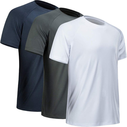 MCPORO Workout Shirts for Men Short Sleeve Quick Dry Athletic Gym Active T Shirt Moisture Wicking 3 Pack Navy, Dark Grey, White Small