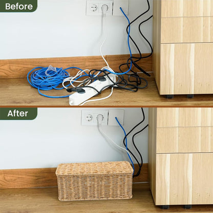 Cable Management Box, Handmade Rattan Cable Organizer, 2 Open Slots Cords Hider Box, Under Desk Cord Organizer for Computer Router USB Hub & Power Strip, Patent Pending, 13" x 5.1" x 5.1", Natural
