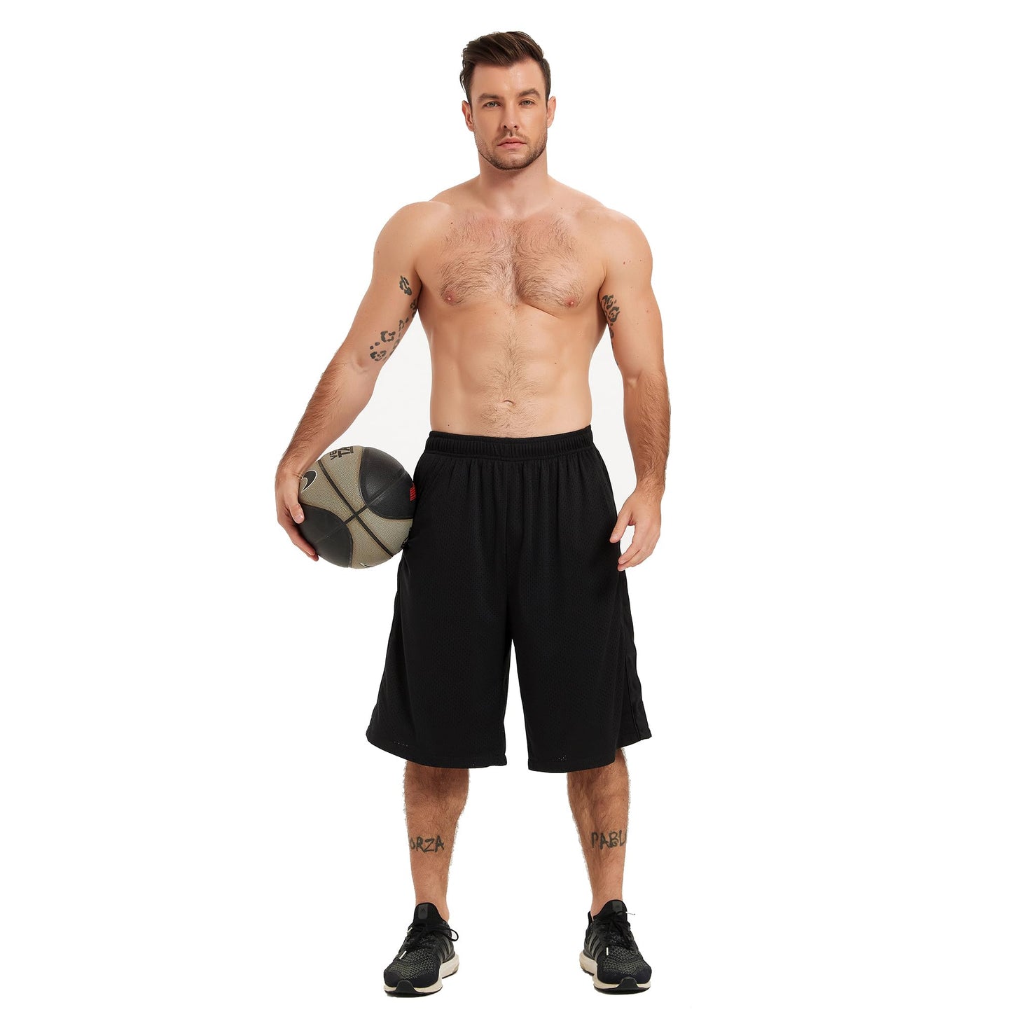 HQUEC Men's 12" Basketball Shorts Long Athletic Workout Gym Mesh Shorts Below Knee Loose-Fit with Pockets Black M