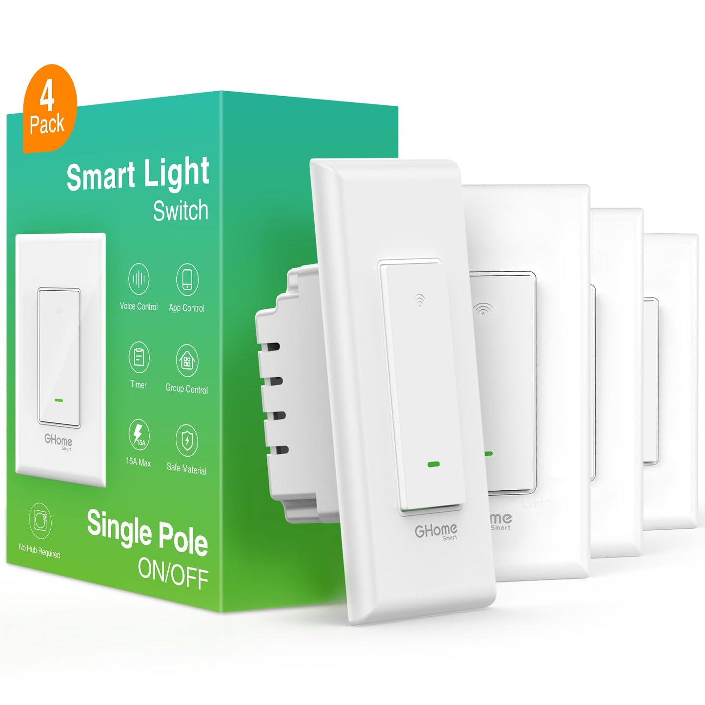 GHome Smart Switch, Smart Wi-Fi Light Switch Works with Alexa and Google Assistant 2.4Ghz, Single-Pole,Neutral Wire Required,UL Certified,Remote/Voice Control, No Hub Required (4 Pack)