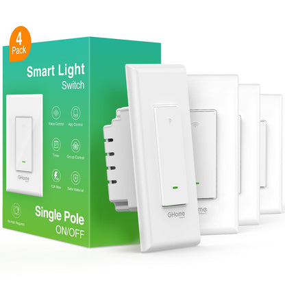 GHome Smart Switch, Smart Wi-Fi Light Switch Works with Alexa and Google Assistant 2.4Ghz, Single-Pole,Neutral Wire Required,UL Certified,Remote/Voice Control, No Hub Required (4 Pack)