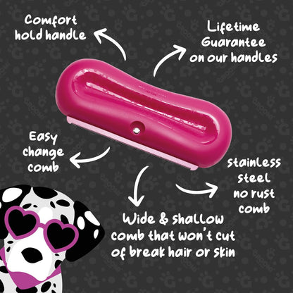 Groomi Deshedding & Grooming Brush for Dogs, Cats, Horses & Rabbits - Gentle & Effective Pet Grooming Tool, Wide Shallow Comb, Smooth Groomer for Cats, Dogs and Horses, Grooming Comb - Pink