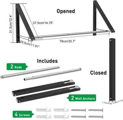 Anjuer Retractable Clothes Rack - Wall Mounted Folding Clothes Hanger Drying Rack for Laundry Room Closet Storage Organization, Aluminum, 2 Racks with Rod (Black)