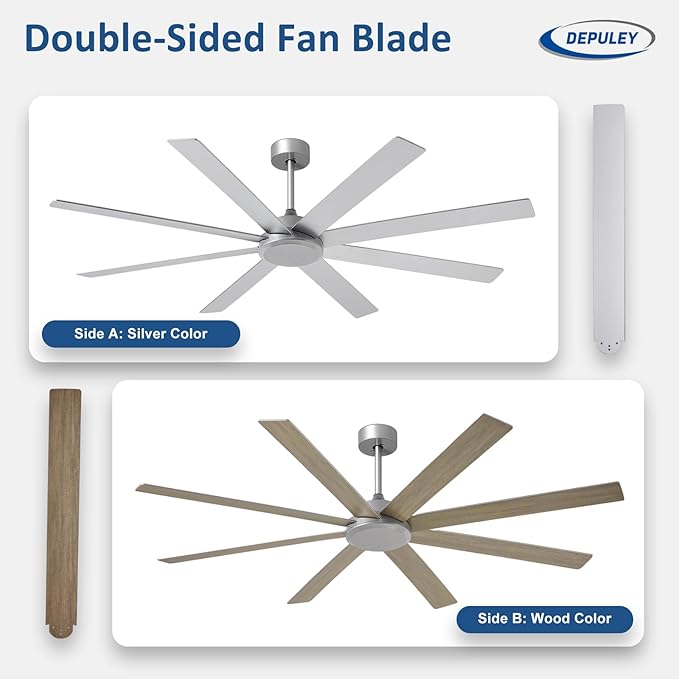 Depuley Large Ceiling Fan without Light: 66 Inch Indoor/Outdoor Fan Reversible DC Motor 6 Speed - Dual 8 Blades Big Ceiling Fans with No Light for Living Room Covered Patio, Silver