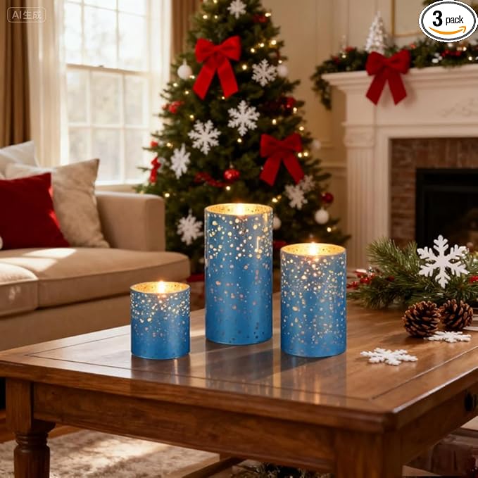 Flameless Blue Mercury Glass LED Pillar Candles with Remote and Timer, Battery Included, Flickering Warm White Light, Set of 3 for Christmas, Holiday, Home Décor, Weddings, Parties