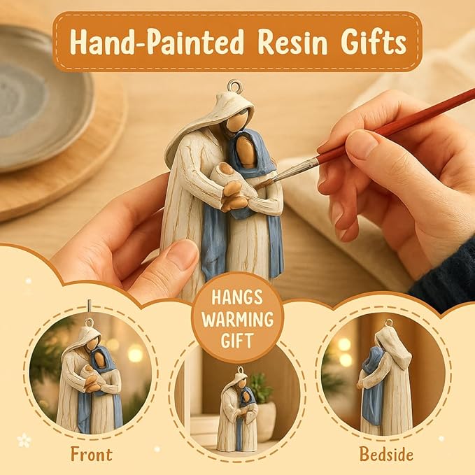Holy Family Nativity Hanging Ornament – Hand-Painted Resin Christmas Décor Religious Gift Keepsake for Tree or Wreath, Mary Joseph and Baby Jesus Figurine (Holy Family)