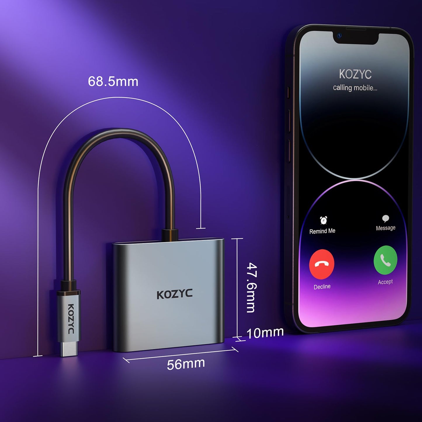 KOZYC USB C to Dual HDMI Adapter 4K@60Hz, Type C to HDMI Splitter Extended Display for Laptop, MacBook, MacBook Pro, UHDTV (Only on Windows support MST)