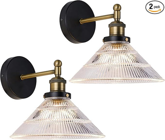 Vintage Wall Sconces Set of 2 Indoor 110V Hardwired Ribbed Glass Wall Mounted Lamp Light Fixtures for Bathroom Vanity Kitchen Hallway Stairway, Anti-Rust Brushed Bronze Finish, E26 Base, WS-23061-A2