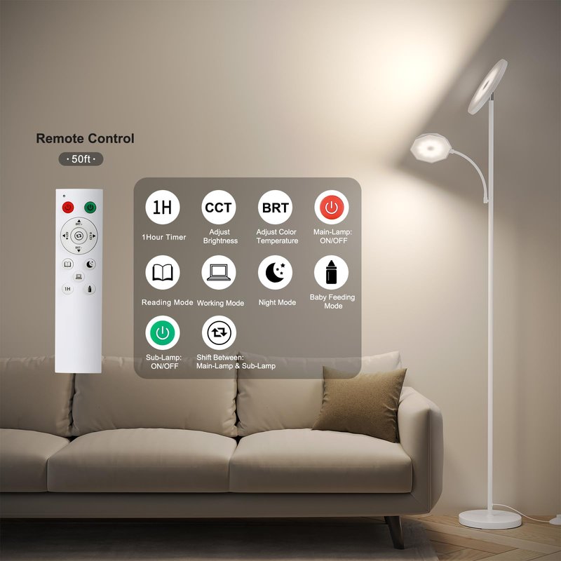 SUNMORY Floor Lamps for Living Room, 48W/4200LM Super Bright LED Floor Lamp with Remote Control, 69" Tall Standing Lamp with Stepless Dimmable, Modern Torchiere Reading Lamp for Bedroom, Office White