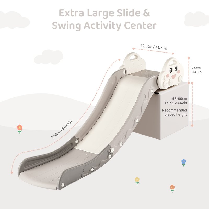 Indoor Kids Baby Couch Slide for Toddler 1-3, Sofa Slide Add-on Attachment for Bed Nugget Playgrounds, with Secure Base Guardrail, Gentle Slope Extended Buffer Zone, Fun Cute Cloud Design, White