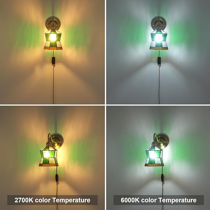 Plug in Wall Sconces Set of 2, Vintage Wall Lamps with Polygonal Checker Stained Glass Shade, Brass Lights Fixture Decor for Bedroom Bathroom Living Room Hallway