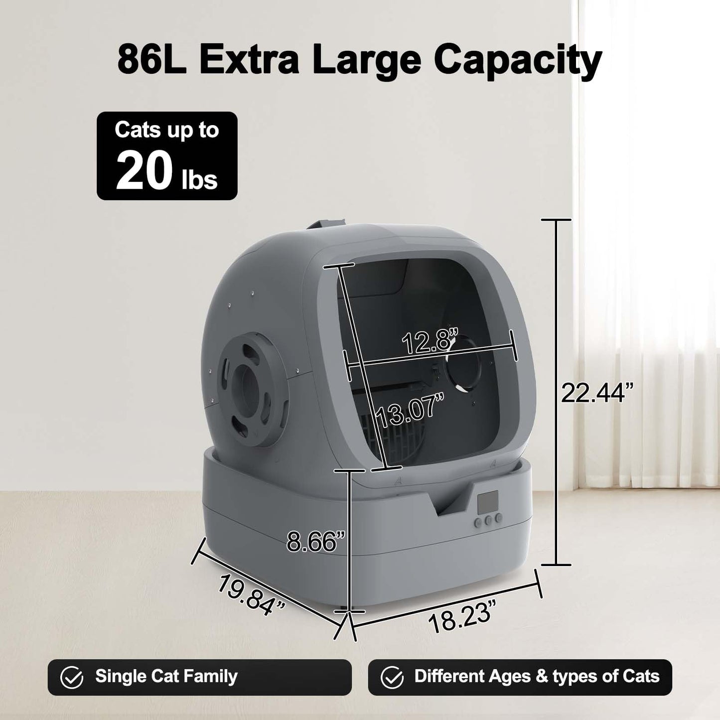 Automatic Cat Litter Box Self Cleaning - APP Control and Weight Monitoring - 86L Ultra-Quiet - Smart Health Monitor, Safe Anti-Pinch, Self Cleaning Litter Box (Assembly Required) -Worry Free Returns