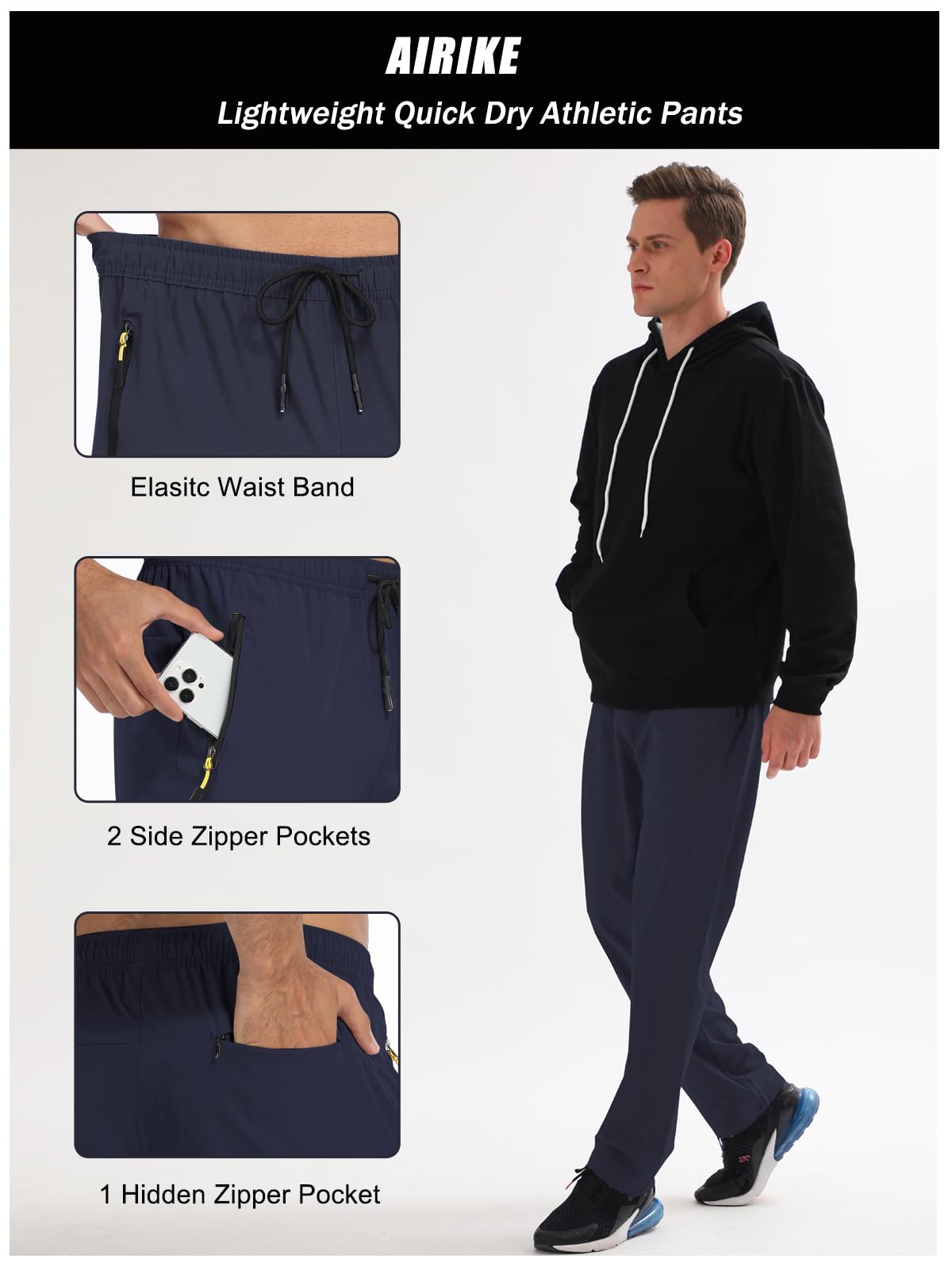 Men's Elastic Waist Hiking Pants Water Resistant Quick-Dry Lightweight Outdoor Sweatpants with Zipper Pockets Darkblue