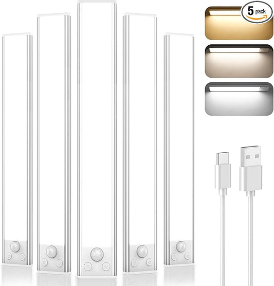 Under Cabinet Lights, 2500mAh 12 Inch Motion Sensor Rechargeable Battery Operated Wireless Under Counter Lights Indoor, Magnetic 108-LED Dimmable Closet Lights for Kitchen with 3 Color Temps 5-Pack