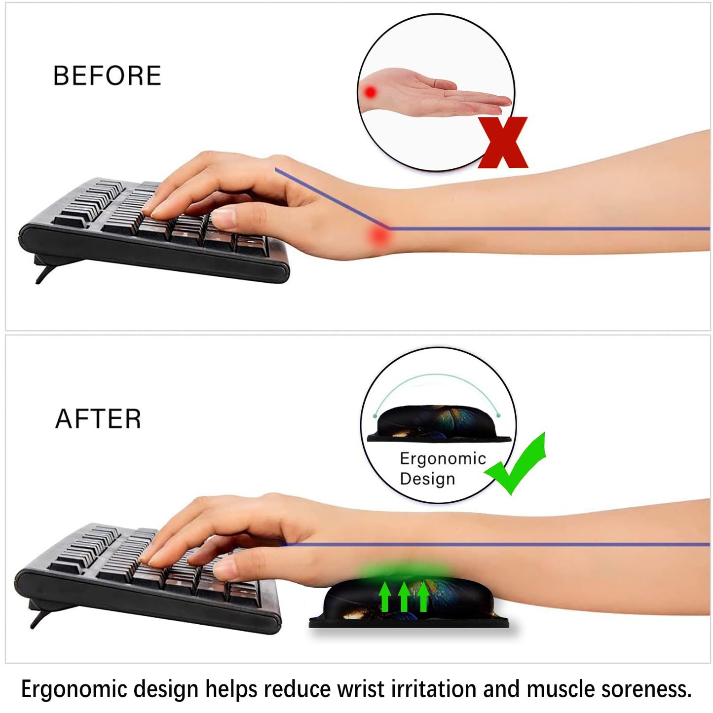 ARTSO Ergonomic Mouse Pad with Wrist Rest, Comfortable Keyboard Wrist Rest, Memory Foam Mousepad for Computer Keyboard, Mouse Pad Set for Easy Typing, Pain Relief, Night Butterfly
