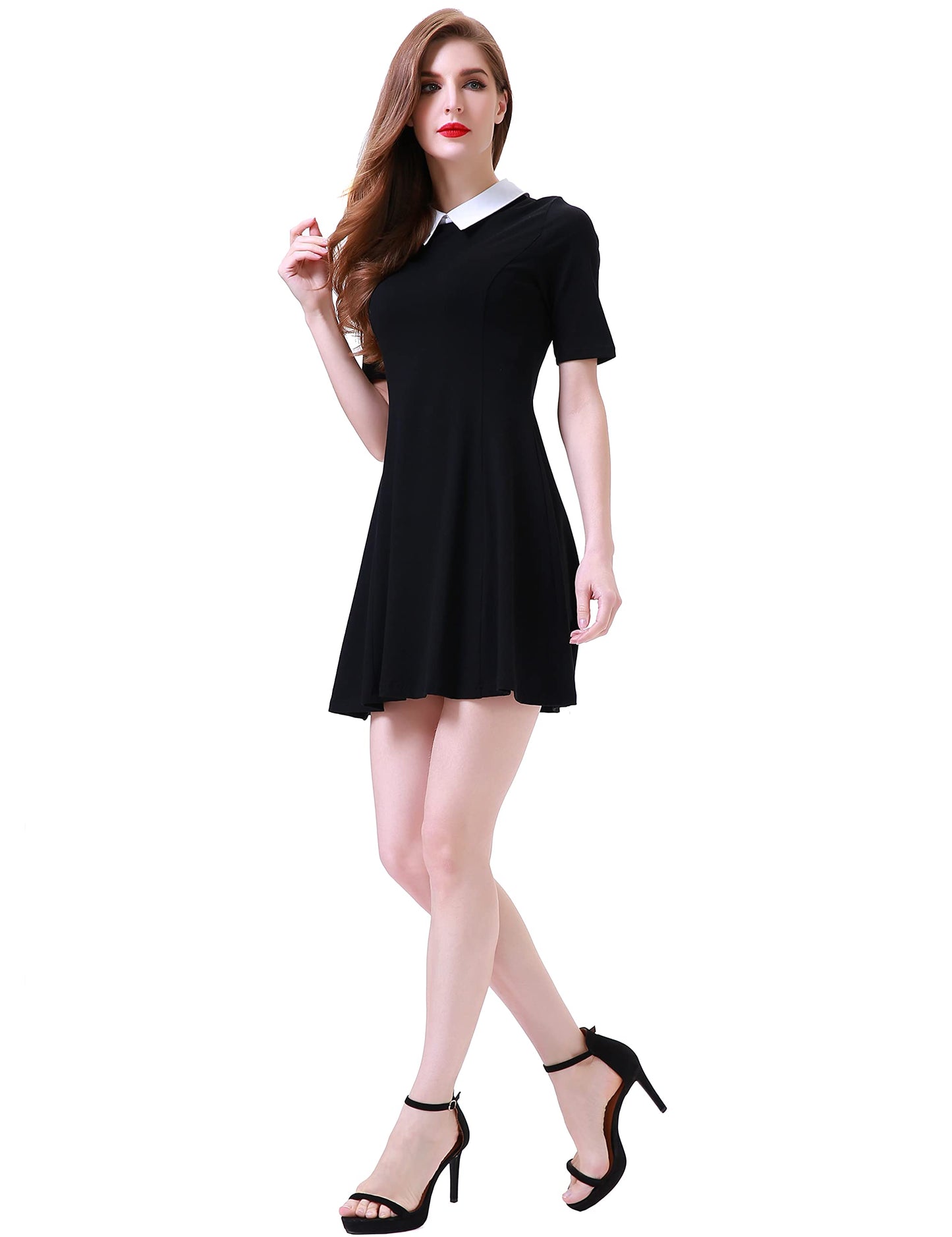 Aphratti Women's Short Sleeve Peter Pan Collar Cute Skater Dress Fit and Flare A-Line Casual Dresses Black Large