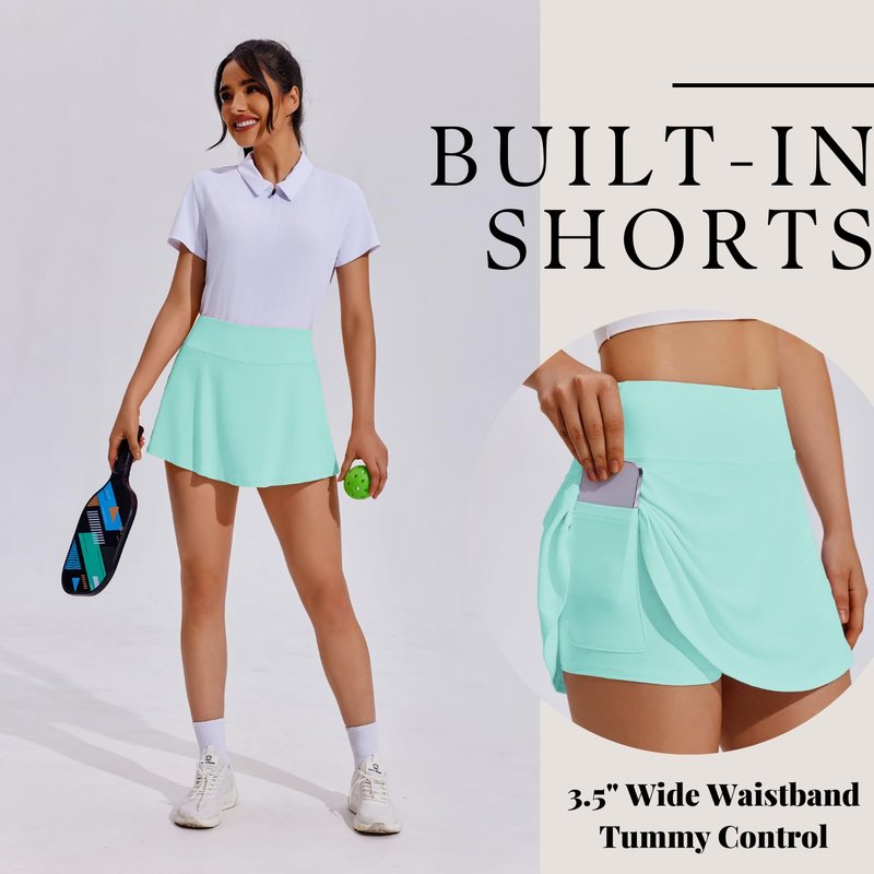 PINSPARK Tennis Skirts for Women Pleated Athletic Golf Skorts Skirt with Shorts Pockets Lightweight Workout Skirt,Ice Green X-Large