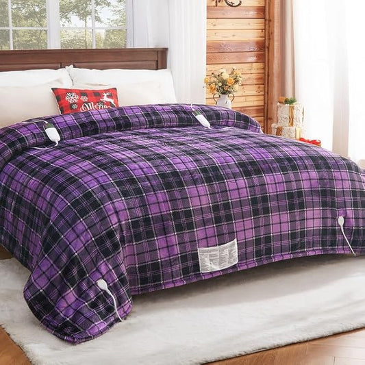 Heated Electric Blanket Queen Size, 84X90 Heating Blanket Queen with Dual Control&10 Heats Levels&Timer for Bed,Purple Plaid Sherpa Soft Blankets Warmer Gift for Grandma Women Adults, Washable