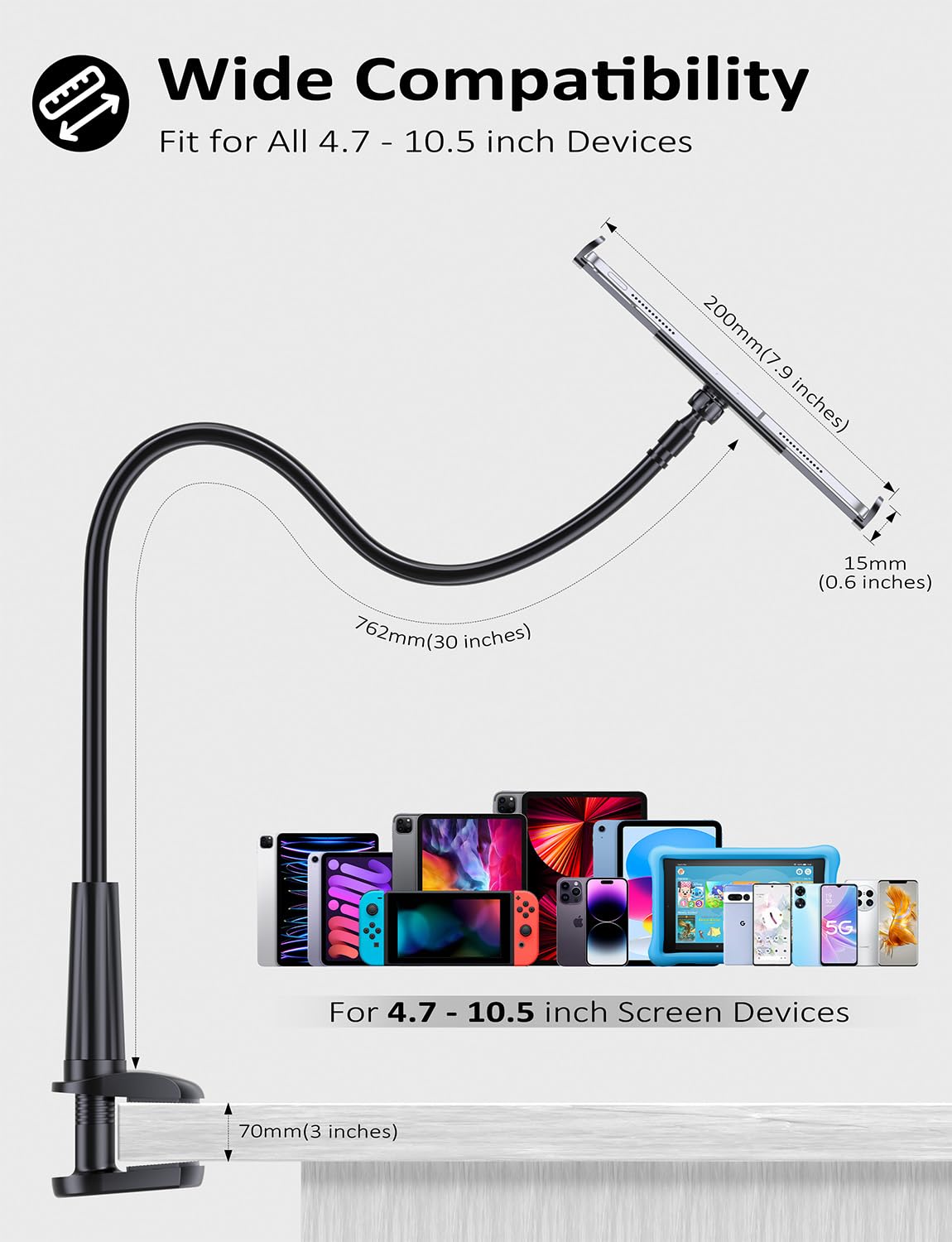 Gooseneck Tablet Holder Stand for Bed: Tryone Adjustable Flexible Arm Tablets Mount Clamp on Table Compatible with iPad Air Mini | Galaxy Tabs | Kindle Fire | Switch or Other 4.7-10.5" Devices