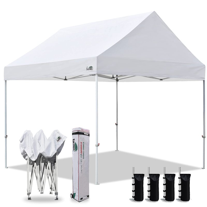 Eurmax USA Patented 10x10 Pop Up Canopy Tent Party Tent Commercial Instant Canopies Shelter with Heavy Duty Roller Bag,Bonus 4 Sand Bags (Snow White)