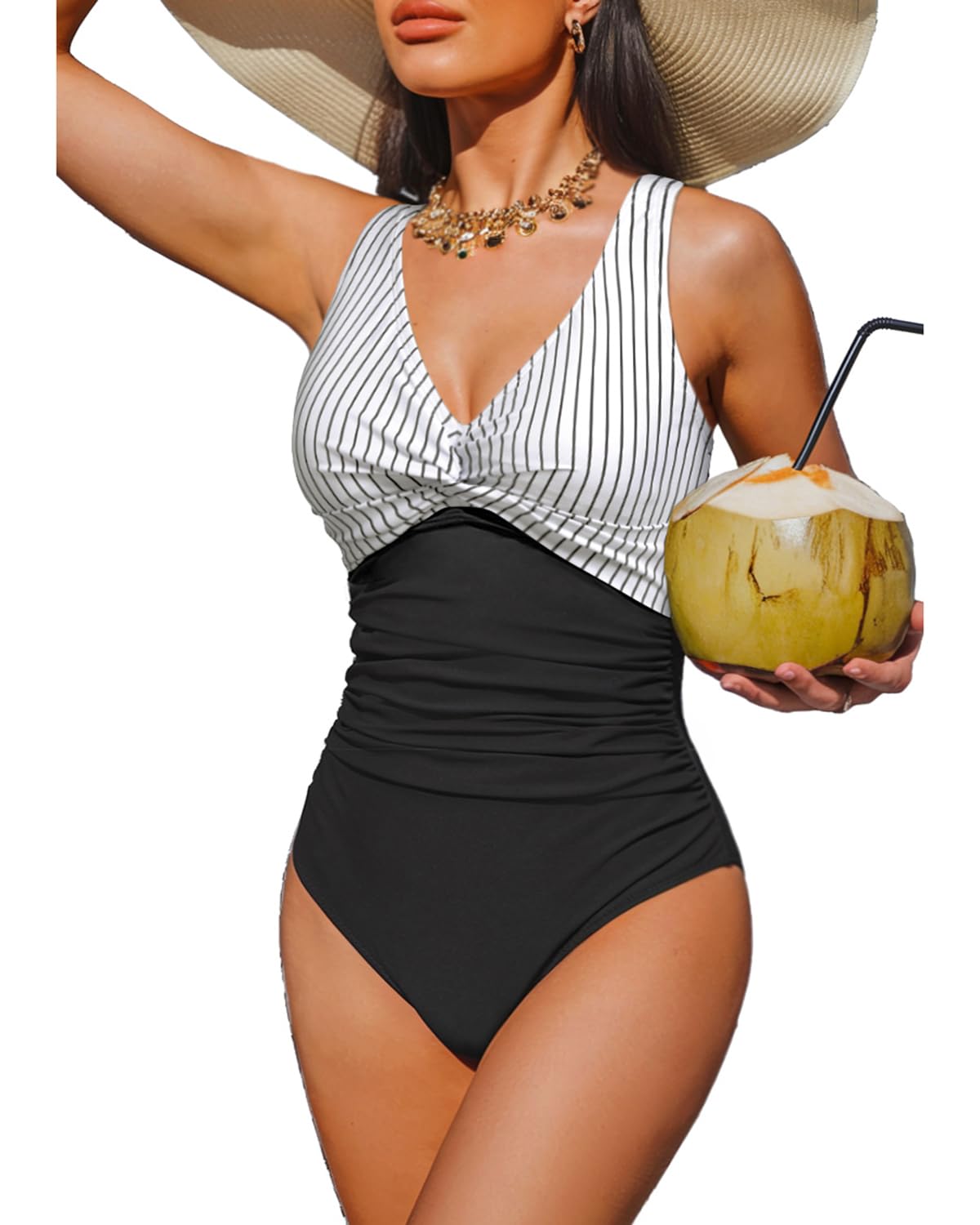 Holipick Black Striped Women Tummy Control One Piece Swimsuit - Push Up Bathing Suit Full Coverage Slimming Swimwear XL