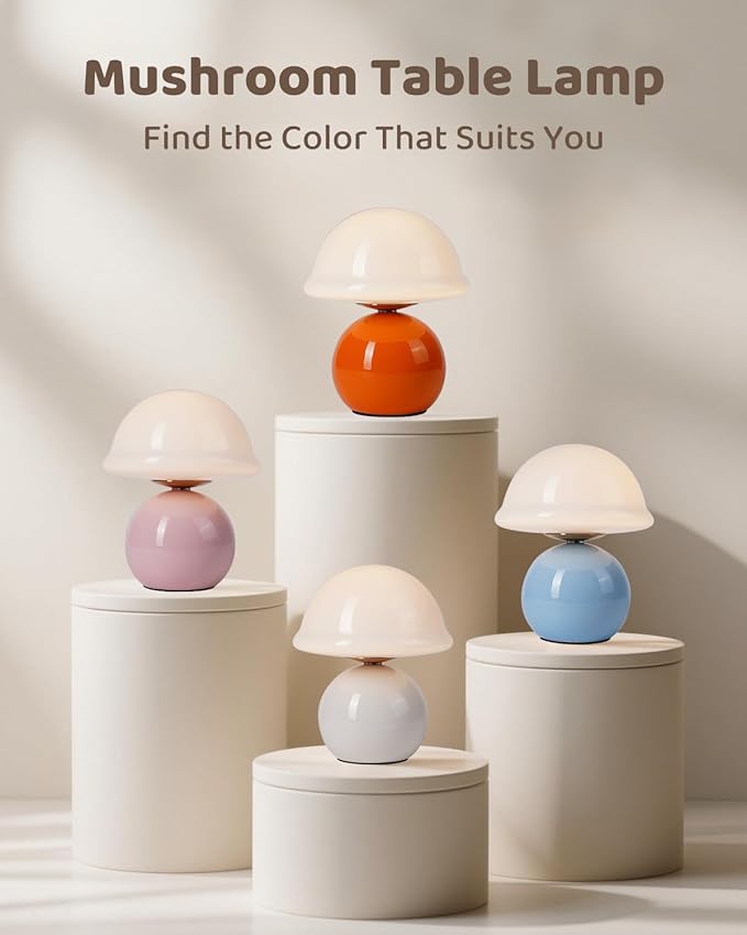 Mushroom Lamp Bedside Table Lamp for Bedroom, Cute Small Lamps with Glass Lampshade, Nightstand Lamp with Dimmer for Living Room Kitchen Apartments Offices Desk Shelves (Orange)
