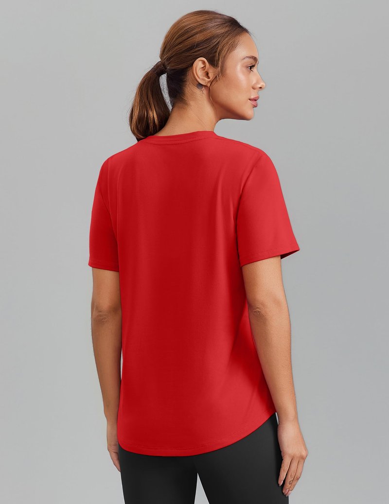 PINSPARK Gym Shirts for Women Short Sleeve V Neck Workout Tops Moisture Wicking Athletic T-Shirts Quick Dry Fitness Exercise,Red X-Large
