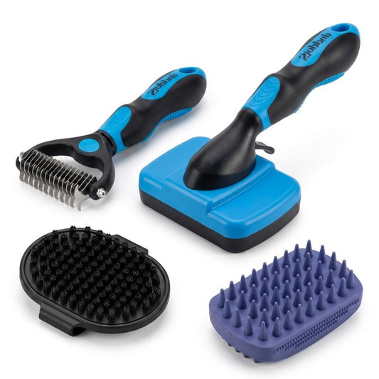PETIMP STORE 4PCS Self Cleaning Slicker Brush, Pet Grooming Rake, Bath Brush & Massage Brush for Short/Long Haired Dogs, Cats & Horses, Pet Grooming Deshedding Tools - Pet Supplies (Green Black)