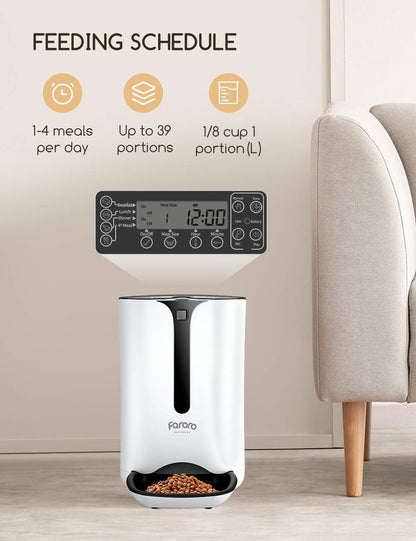 Automatic Cat Feeder, Faroro Dog Food Dispenser for Small Pets with Distribution Alarms, Portion Control, Voice Recorder and Programmable Timer for up to 4 Meals per Day