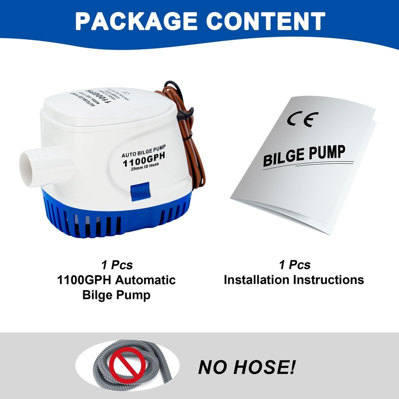 Sanuke 1100GPH Automatic Bilge Pump 12V, Submersible Auto Water Pump with Built-in Float Switch, 29mm (1-1/8") Outlet, Marine Bilge Pump for Boats, Ponds, Pools, Caravan RV