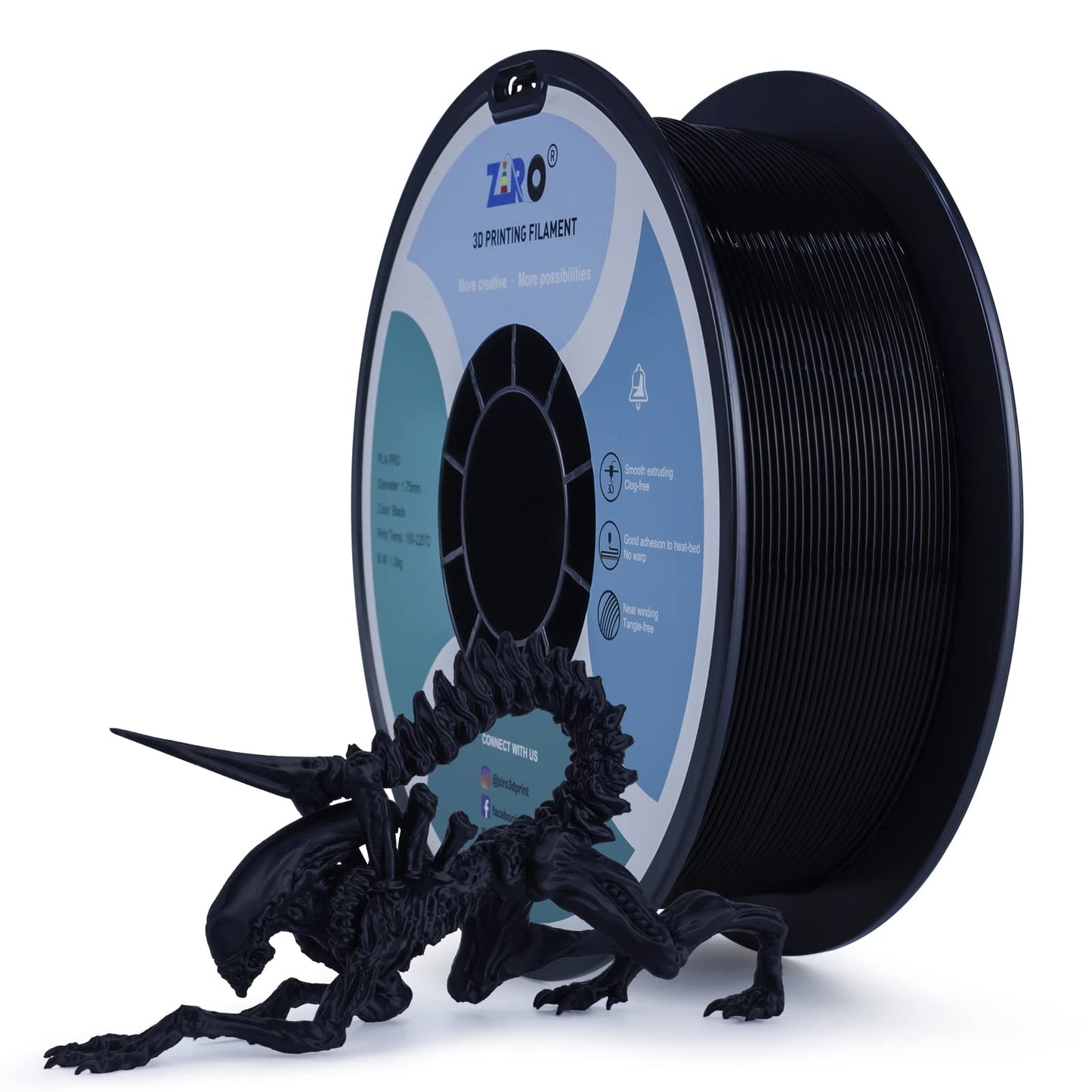 ZIRO PLA Filament 1.75mm, 3D Printer Filament PLA PRO Basic Color Series 1.75MM 1kg (2.2lbs), Dimensional Accuracy +/- 0.03mm, Black