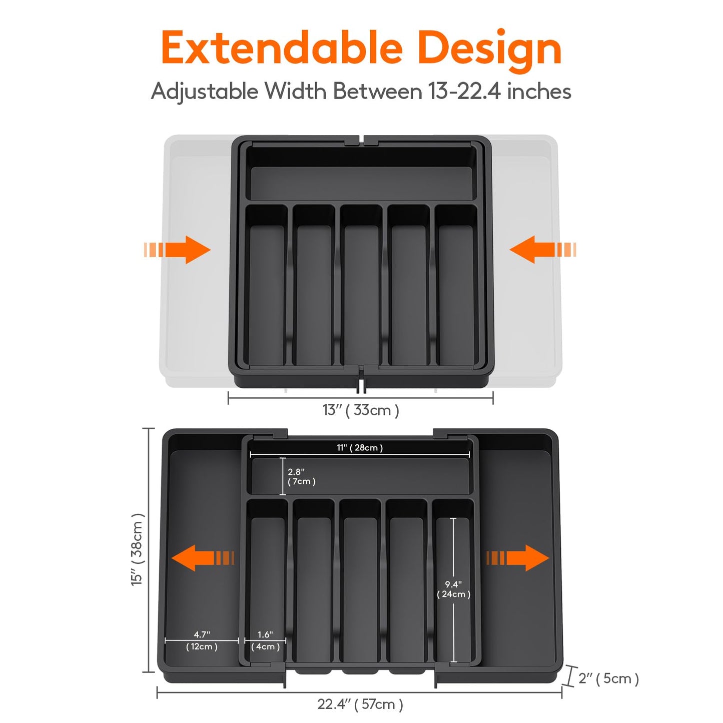 Lifewit Large Cutlery Drawer Organiser, Extendable Cutlery Tray, Kitchen Utensil Spoons Forks Knives Holder Storage, 8 Compartment, Black