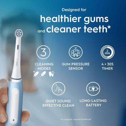 Oral-B iO 3 Ice Blue Electric Toothbrush, 1 Toothbrush Head, 1 Travel Case, Designed by Braun