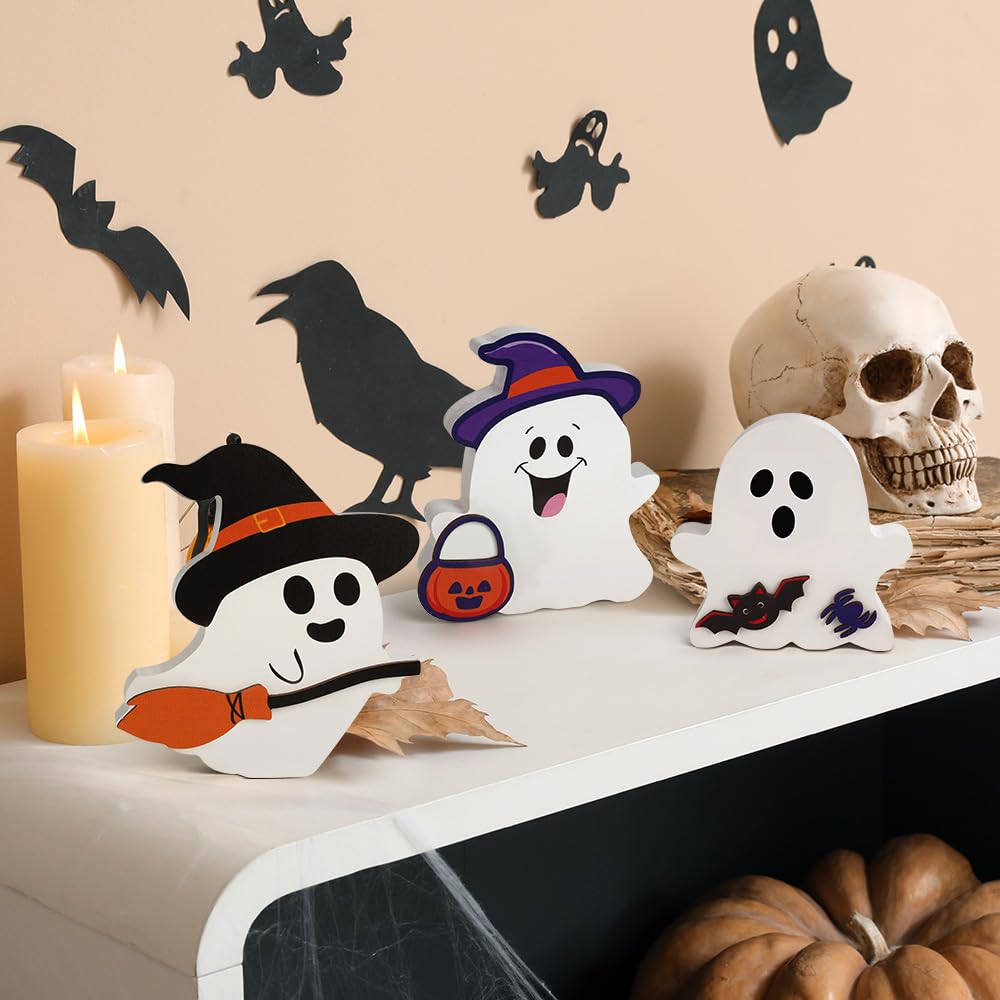 AKEROCK Cute Halloween Decorations Indoor - Halloween Decor/Ghost Decor, 4 PCS Wooden Ghost Halloween Signs for Table, Office Desk, Tiered Tray, Fireplace Mantle - Spooky Halloween Ghost Decorations
