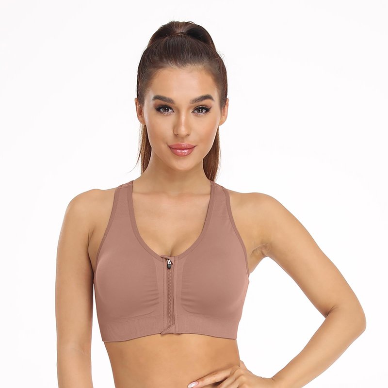 Women's Zip Front Sports Bra - Wireless, Post-Surgery, Padded, Racerback, Active, Yoga, Bust Reduction (X-Large, 3 Pack (Black+Grey+Bean Paste))
