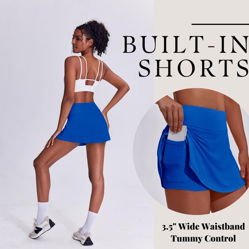 PINSPARK Tennis Skirts for Women Athletic Skort with Pockets 13" Mini Golf Skirts Tummy Control, Royal Blue Medium