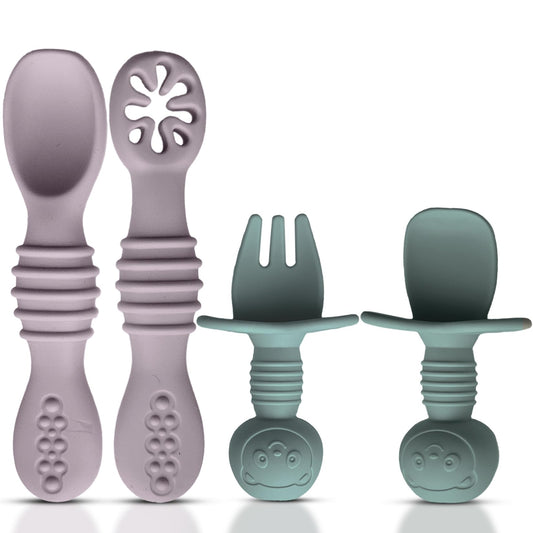 HippoBaby 4pc Silicone Baby Spoons Self Feeding Baby Utensils 6-12 Months - 3 Baby Spoon - 1 Baby Fork - Toddler Cutlery Set - BPA Free, Dishwasher Safe, Baby Eating Essentials (Light pink/Army Green)