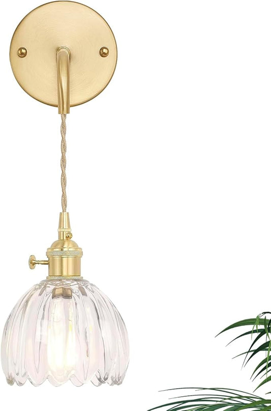 Vintage Wall Sconce Wall Lamp Clear Tulip Shade Pattern Glass Adjustable Chain Retro Gold Wall Mounted Light, Wall Lamp Fixtures Decor for Bedside Bedroom Indoor Doorway