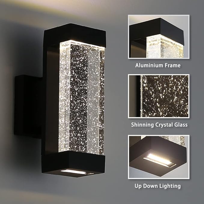 Cerdeco Modern Crystal Bubble Outdoor Wall Light, Matte Black Painted, 12 W 3000 K Warm White Up Down Light Fixture