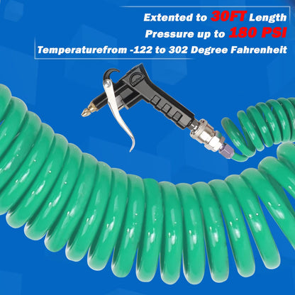 Boeray Heavy Duty Truck Air Duster Blow Gun Cleaning with 9 Meter Long Coil and 2 interchangeable nozzle tips- Green Air Seat Blow Gun Kit